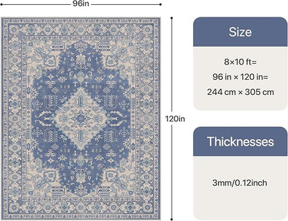Bavni Vintage 8x10 Area Rugs, Boho Oriental Living Room Rug, Machine Washable Rug Non Slip, Distressed Print Indoor Large Blue Rugs, Low Pile Ultra-Thin Soft Carpet for Bedroom, Dining Room, Farmhouse