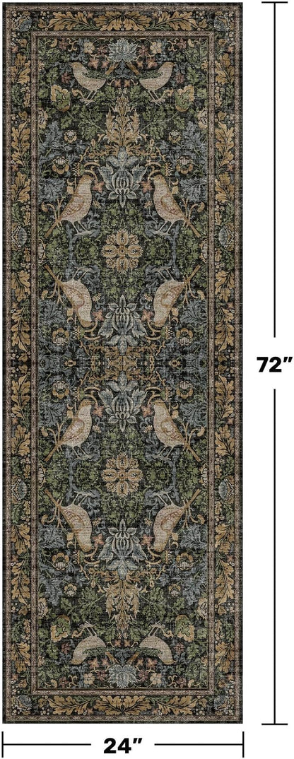 Floral Kitchen Runners - 2x6 Runner Rug for Hallway Bathroom Laundry Room Bedroom Beside Bed Entryway, Boho Birds Leaves Patterned Non Slip Low Pile Washable Rugs