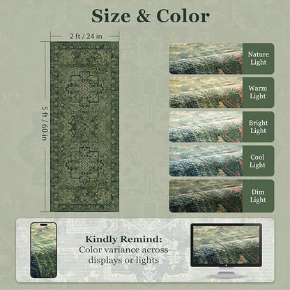 Green Boho 2x5 Runner Rugs for Hallways Non Slip Machine Washable, Low Pile Lightweight Carpet Runner for Entryway/Kitchen/Bathroom/Corridor/Laundry Room Distressed Vintage Medallion Printed