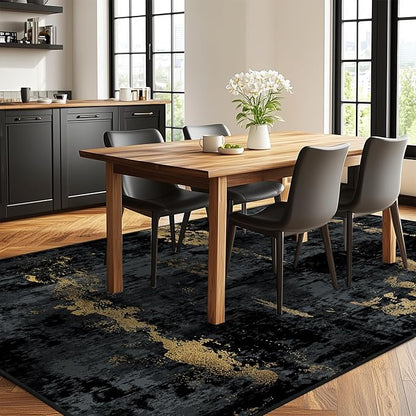 Washable Area Rugs 6'x9' Non-Slip Modern Abstract Soft for Living Room Entryway Bedroom Nursery, Print Pattern, Dark Black Gold