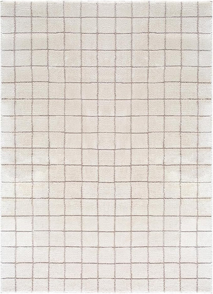 Livabliss x Our PNW Home Cascade Minimalist Grid Area Rug, 9'2" x 12', Grid Ivory/Taupe