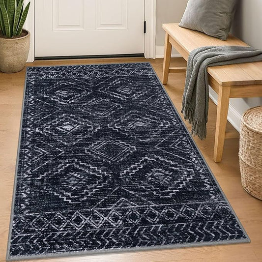 KILOCOCO Boho Entryway Rug 3x5 Area Rug Washable Non Slip Throw Rugs Soft for Kitchen Living Room Dining Bedroom Geometric Moroccan Carpet, Black/Navy