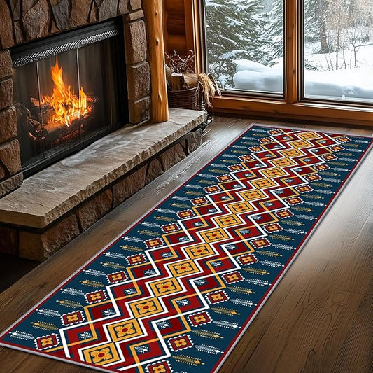 Dark Blue Runner Rug, 4x10ft Red Yello Diamond Hallway Decor Carpet, Corridor & Foyer Long Accent Rug, Entrance Non-Slip Mat Washable Rugs, Southwestern Stylish Home Decor Runner