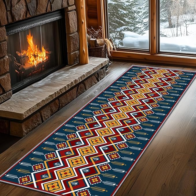 Dark Blue Runner Rug, 2.6x7ft Red Yello Diamond Hallway Decor Carpet, Corridor & Foyer Long Accent Rug, Entrance Non-Slip Mat Washable Rugs, Southwestern Stylish Home Decor Runner