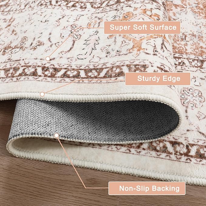 LIVEBOX 8x10 Area Rug for Living Room, Washable Orange Boho Rug, Soft Non-Slip, Low-Pile Vintage Medallion, Retro Faux Wool for Dining Room, Bedroom, Office