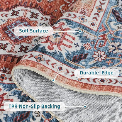 Dripex Vintage Washable Area Rug - 5x8 Distressed Rugs for Living Room Bedroom Oriental Medallion Floral Print Carpet Low-Pile Indoor Soft Non-Slip Accent Rug Farmhouse Office Home Decor