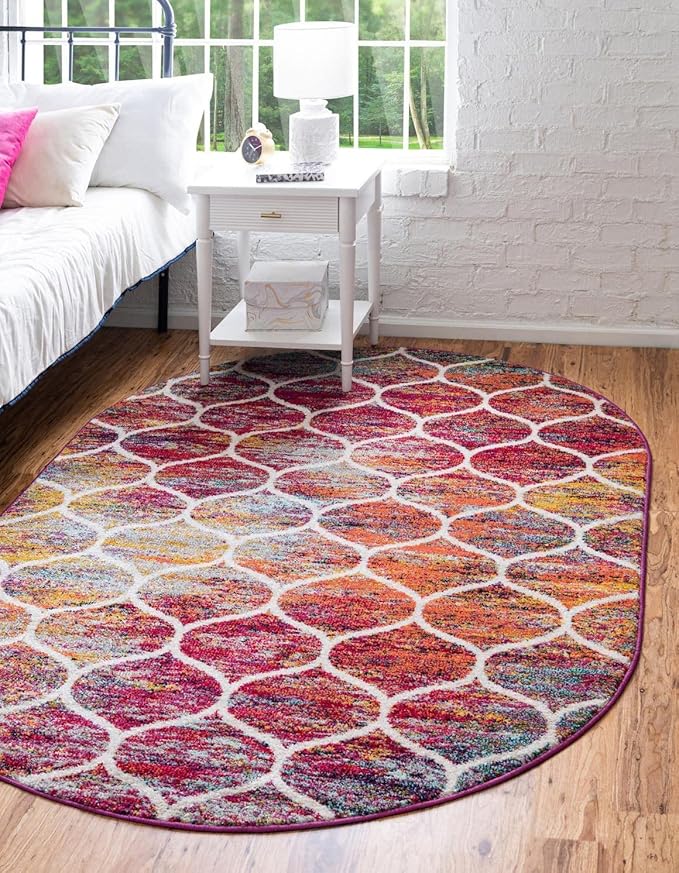 Rugs.com Lattice Frieze Collection Rug – 7' x 10' Oval Multi Medium Rug Perfect for Living Rooms, Large Dining Rooms, Open Floorplans