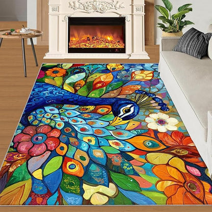Boho Peacock Rug Small - 3x5 Rug, Colorful Peacock Washable Rugs for Living Room, Teal Turquoise Carpet, Modern Style Non-Slip Area Rugs for Bedroom, Aesthetics Carpet - Peafowl Home Decor & Gifts