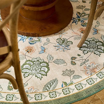 jinchan Elora Floral Corner Rug for Living Room Washable Bedroom Rug Vintage Romance Design Non Slip Quarter Circle Lightweight Low-Pile Throw Carpet for Reading Nook Playroom,6ft Radius, Green/Beige
