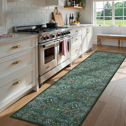 Lahome Floral Hallway Runner Rug Non Slip, 2'6''x10'Soft Washable Runners for Hallways, Ultra-Thin Green Kitchen Runner Distressed Carpet for Entryway Bathroom, Dark Green