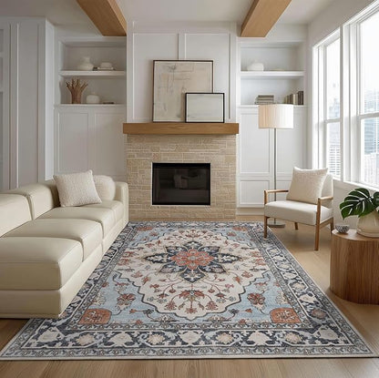 Washable Area Rugs 8x10, Large Rugs for Living Room, Carpet for Bedroom, Soft Faux Wool Retro Dining Room Rug, Non-Slip Backing Resistant Low Pile Vintage Print Rug for Home Office (Blue/Gray)