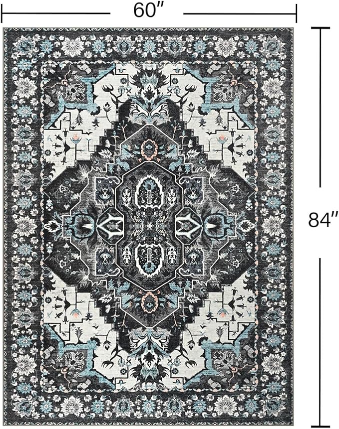 YJ.GWL Area Rugs for Living Room 5x7 Machine Washable Rugs, Non Slip Floral Vintage Rug Indoor Carpet, Stain Resistant Large Rug for Bedroom Dining Room, Black Grey Blue