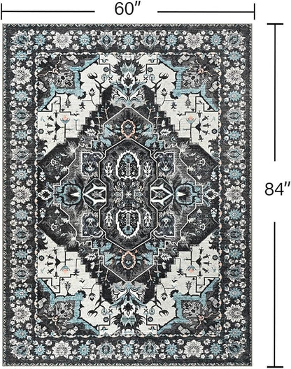 YJ.GWL Area Rugs for Living Room 5x7 Machine Washable Rugs, Non Slip Floral Vintage Rug Indoor Carpet, Stain Resistant Large Rug for Bedroom Dining Room, Black Grey Blue