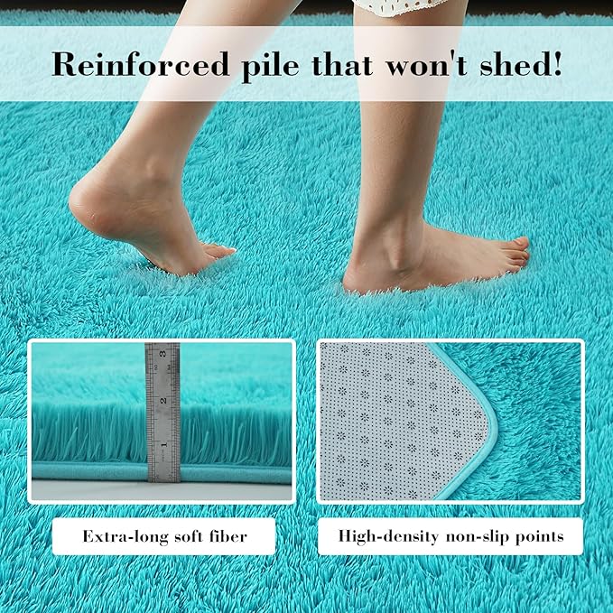 Teal Blue Rug Fluffy Rugs, 5x8 Teal Area Rugs for Bedroom, Soft Cute Baby Play Mat, Indoor Floor Carpet for Teen, Nursery, Preppy Dorm, Plush Aesthetic Bedside Rug
