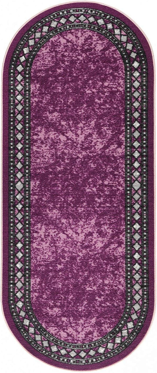 Antep Rugs Alfombras Modern Bordered 2x5 Non-Skid (Non-Slip) Low Profile Pile Rubber Backing Kitchen Area Rugs (Purple, 2' x 5' Oval)