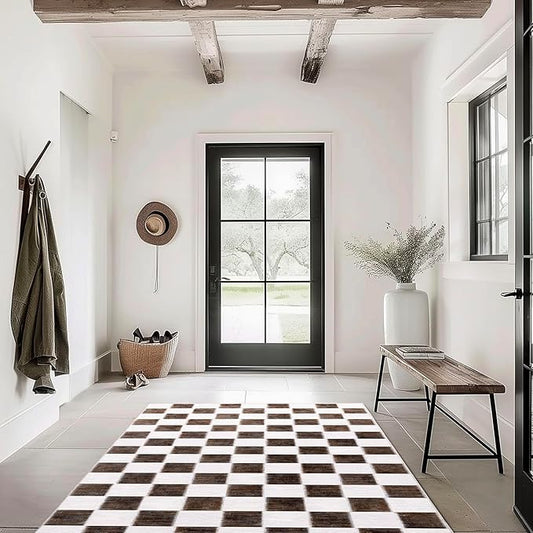 EVERGRACE Checkered Plaid Area Rug 4x6, Soft Fuzzy Faux Wool Rugs Washable Anti Slip Rugs Large Rug Carpet for Entryway Bedroom Living Room Hallway Kitchen Dining Room and Laundry Room, Dark Brown