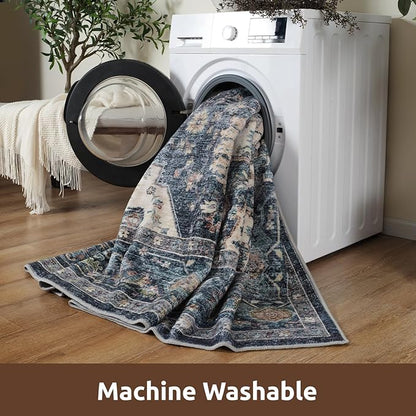 AMOAMI-2X10 Runner Rug-Washable Runners for Hallways-Soft Non Slip Bedside Rugs for Bedroom-Vintage Long Rug for Hallways Entryway Laundry Room Stair Kitchen Bathroom Blue