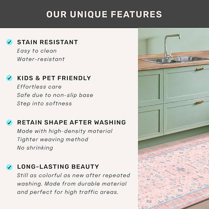 Washable Pink and Blue 7x10 Oushak Rugs for Bedroom Girls Dorm Living Room, Modern Floral Aethestic Distressed Design, Soft Low Pile Non Slip Stain Resistance Carpet