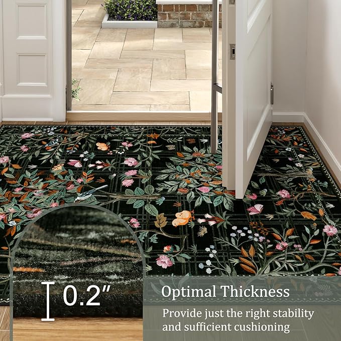 Morebes Floral Washable Runners for Hallways 2x8 Non Slip, Boho Flower Entryway Runner Rug, Botanical Birds Indoor Ultra-Thin Soft Floor Carpet Runners for Kitchen Laundry Bath Room Entrance, Black