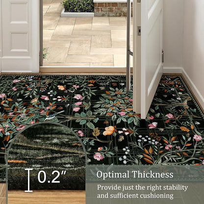 Morebes Floral Washable Runners for Hallways 2x8 Non Slip, Boho Flower Entryway Runner Rug, Botanical Birds Indoor Ultra-Thin Soft Floor Carpet Runners for Kitchen Laundry Bath Room Entrance, Black