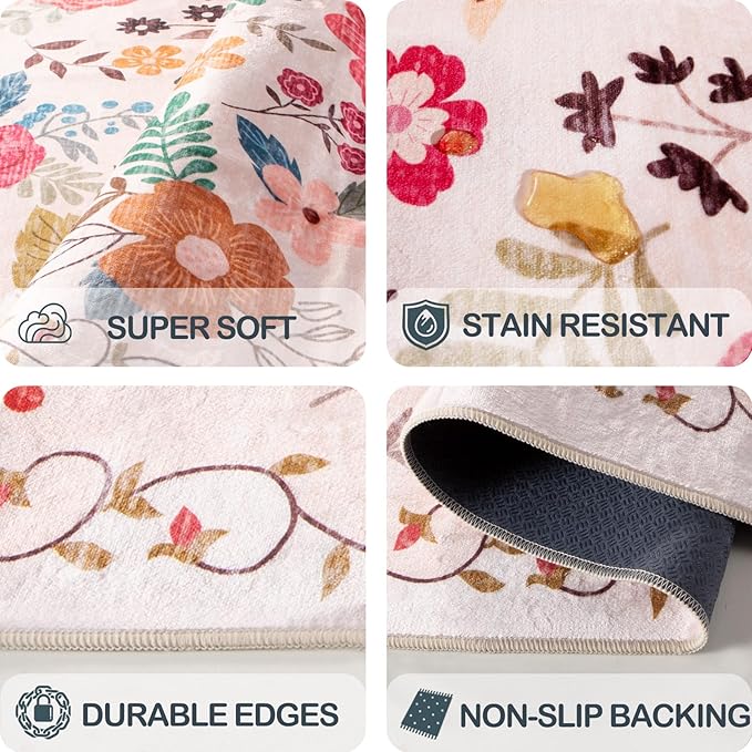 Extra Large 10x14 Area Rug for Living Room, Washable Rugs for Dining Room, Bedroom, Non Slip Stain Resistant Carpet, Low Pile Vintage Floral Rug (Begie Red)