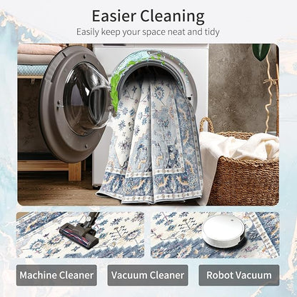 Enkor Area Soft Rugs 2x3 Washable Non Slip Boho Small Floor Entryway Rugs for Living Room Bedroom, Vintage Style Farmhouse Mat for Kitchen Blue & White
