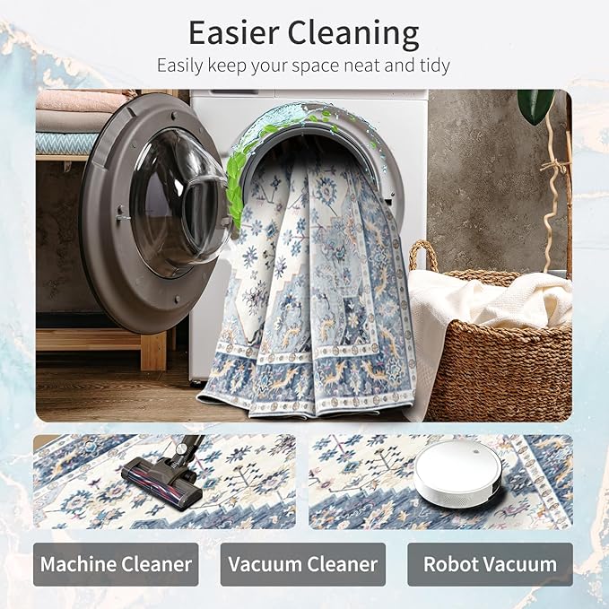 Enkor Runner Rugs for Hallway, 2.6x10.5 Washable Soft Non Slip Floor Rugs for Kitchen, Modern Mat for Living Room Bedroom Entryway Blue & White