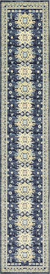 Unique Loom Taftan Collection Border Geometric Tribal Inspired Design Area Rug (3' 0 x 16' 5 Runner, Navy Blue/ Gold)