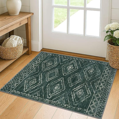 KILOCOCO Boho Entryway Rug 2x3 Printed Small Area Rug Indoor Door Mat Machine Washable Kitchen Rugs Super Soft Non Slip Throw Rugs for Bedroom Entrance Geometric Laundry Room, Green