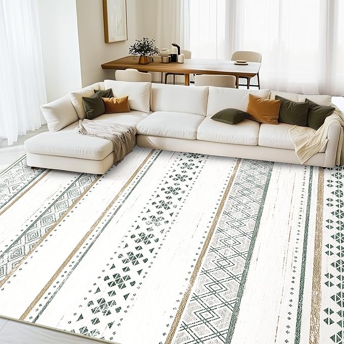 BESTSWEETIE 9x12 Area Rugs for Living Room Washable Moroccan Farmhouse Neutral Geometric Low Pile Non-Slip Soft Print Pattern Rug for Bedroom Kitchen Dining Room Entryway Green/Brown/Brown