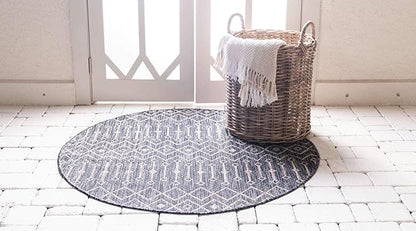 Unique Loom Outdoor Trellis Collection Area Rug - Tribal Trellis (4' 1" Round, Charcoal Gray/ Natural)