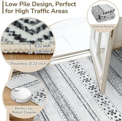 BESTSWEETIE 8x10 Area Rugs for Living Room Washable Moroccan Farmhouse Neutral Geometric Low Pile Non-Slip Soft Print Pattern Rug for Bedroom Kitchen Dining Room Entryway Grey/Black/Navy
