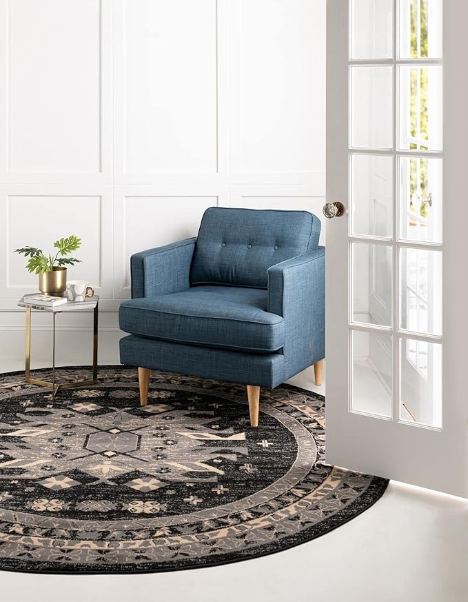 Unique Loom Taftan Collection Border Geometric Tribal Inspired Design Area Rug (8' 0 x 8' 0 Round, Black/ Gray)