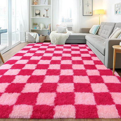 Area Rugs for Living Room, Soft Shaggy Carpets for Living Room, Fuzzy Rugs for Kids' Room, Perfect Decor for Modern Home Hot Pink Grid 6x9 Feet