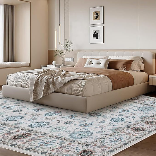 WILLSUN Washable Area Rugs, 9x12 Non-Slip Boho Large Area Rugs for Living Room, Bedroom, Machine Washable Vintage Rug, Indoor Floral Print Carpet for Home Decor, Kid & Pet Friendly Mat
