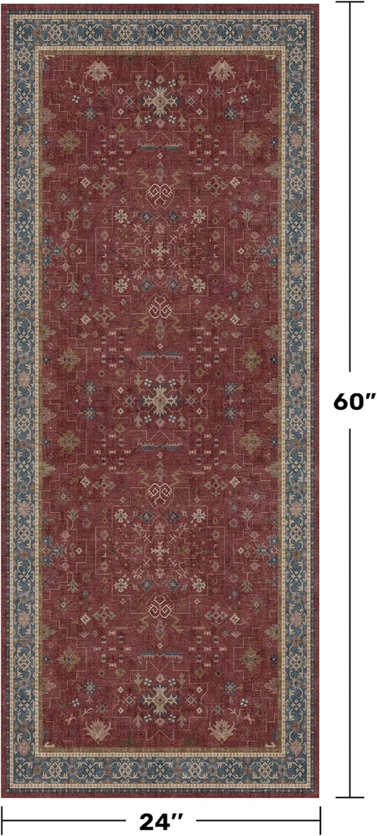 Boho 2x5 Small Kitchen Runners Rugs Non Slip - Washable Soft Area Rugs for Bedroom, Floral Non Skid Runner Carpet for Bathroom, Laundry Room, Hallway, Entryway (Dark Red)