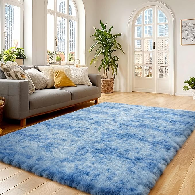 Andency 6x9 Area Rugs, Large Shag Fluffy Soft Shaggy Rugs for Living Room Bedroom, Non-Slip Tie-Dyed Blue Thick Plush Carpet for Kids Girls and Boys, Dorm Nursery Home Decor Aesthetic