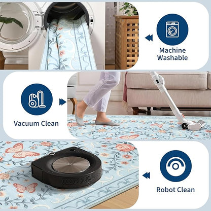 GarveeHome Washable Floral Area Rug 5x7 for Living Room Non Slip Bedroom Rug Soft Stain Resistant Large Dining Room Throw Carpet Low Pile Blue Bow Rugs Butterfly Flower Carpet for Nursery Entry, 5x7