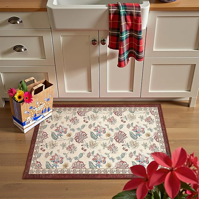 jinchan Elora 2x3 Floral Rug for Entryway Washable Kitchen Rug Vintage Romance Design Small Mat Non Slip Indoor Doormat Lightweight Low-Profile Throw Carpet for Entrance Laundry Room, Red/Beige
