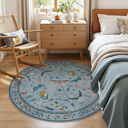 4ft Washable Round Rug - Bug Rugs for Living Room Non-Slip Low Pile Soft Ultra-Thin Machine Washable Circle Carpet for Bedroom, Entryway, Nursery, Kitchen, Home Office (4' Round Blue)