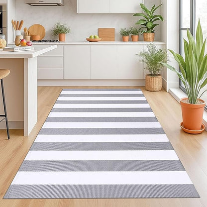 KOZYFLY Grey and White Striped Rug 4'x6' Indoor Outdoor Rug Cotton Hand-Woven Washable Striped Layered Doormats for Front Door/Kitchen/Farmhouse/Entryway/Patio