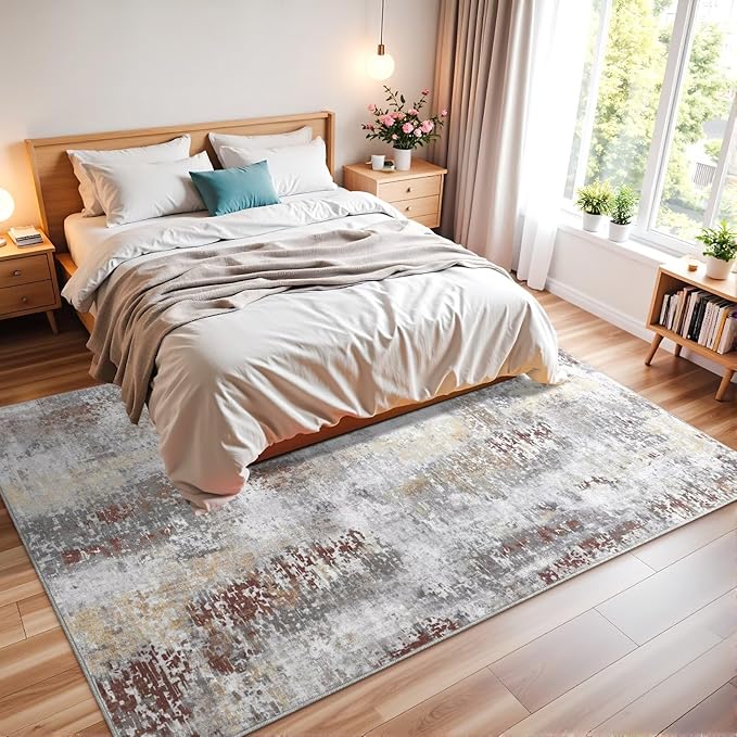 Washable Abstract Rug, 8x10 Modern Area Rugs with Non-Slip Rubber Backed for Living Room, Thin but Soft Contemporary Carpet Kitchen Bedroom Dining Room Decor, Rusty Brown