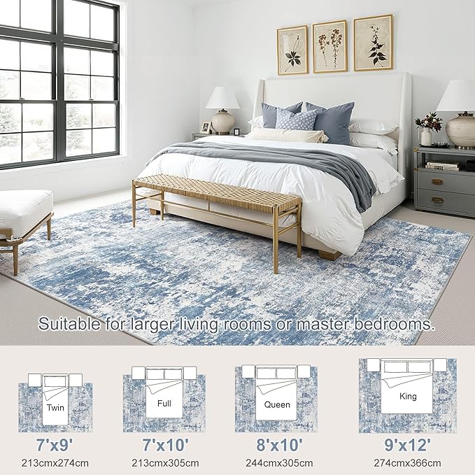 9x12 Area Rug Living Room Rugs - Washable Neutral Modern Abstract Soft Thin Rug Indoor Floor No Slip Rug Carpet for Bedroom Under Dining Table Home Office Decor - Blue White