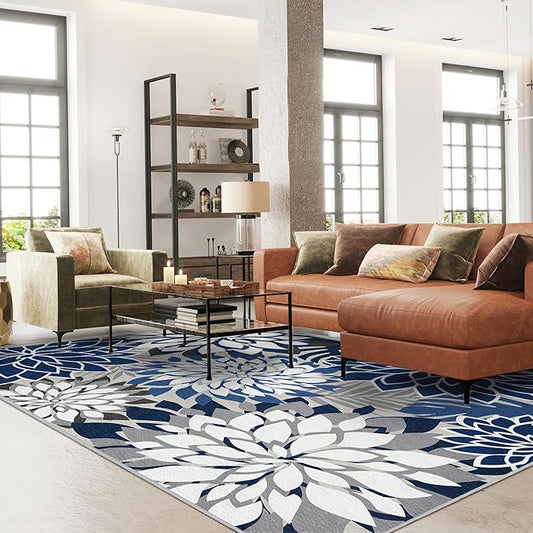Colorful 6x9 Outdoor Area Rug Washable Multicolored Patio Rug Tropical Botanical Floral Chenille Waterproof Outdoor Carpet Non-Slip for Patio, Deck, Backyard, Porch, Blue