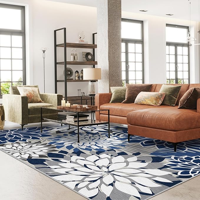5x8 Outdoor Area Rug Washable Multicolored Patio Rug Tropical Botanical Floral Chenille Waterproof Outdoor Carpet for Living Room, Deck, Backyard, Porch, Black