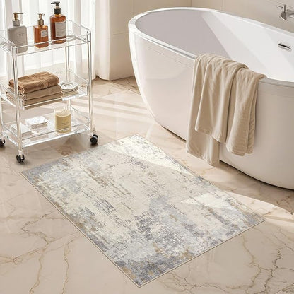 2x3 Entryway Area Rug: Washable Neutral Modern Abstract Small Rug - Non-Slip Low Pile Throw Indoor Carpet for Entrance Kitchen Front Door Mat Bathroom Entry Kids Room - Light Brown/Gray
