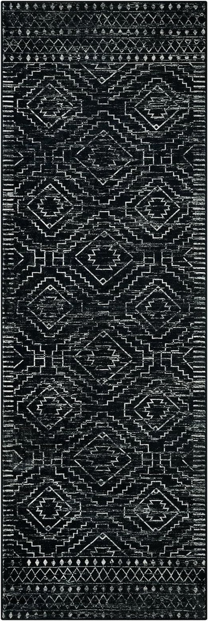 Wonnitar Washable Kitchen Runner Rug 2x6, Moroccan Black Runners for Hallway, Non Slip Bohemian Soft Bathroom Throw Mat Geometric Carpet Runner for Laundry Entryway Bedroom (Black,2'x6')