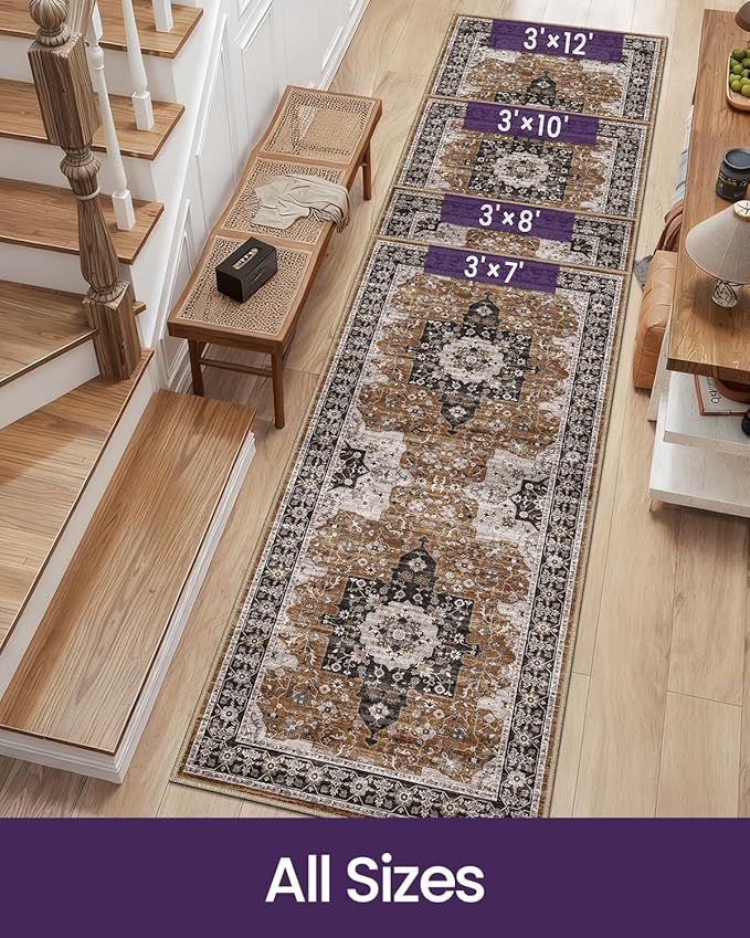 DEXI Hallway Runner Rug 3x8, Distressed Non Slip Runners Carpet, Boho Vintage Soft Thin Indoor Rug, Stain Resistant Washable Entry Mat for Entryway Kitchen Laundry Room Living Room, Brown