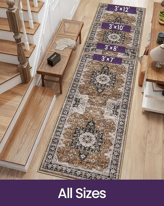 DEXI Hallway Runner Rug 3x8, Distressed Non Slip Runners Carpet, Boho Vintage Soft Thin Indoor Rug, Stain Resistant Washable Entry Mat for Entryway Kitchen Laundry Room Living Room, Brown