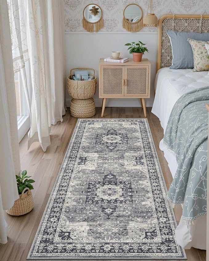 DEXI Hallway Runner Rug 3x8, Distressed Non Slip Runners Carpet, Boho Vintage Soft Thin Indoor Rug, Stain Resistant Washable Entry Mat for Entryway Kitchen Laundry Room Living Room, Blue Grey